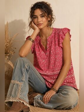 Lucky Brand Medium Pink Floral Flutter Sleeve Boho Blouse Top
